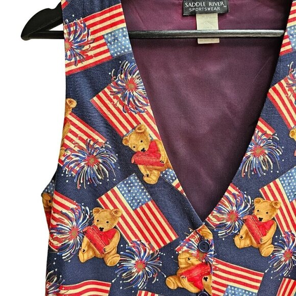 Vintage Saddle River Sportswear Patriotic Teddy Bear & Fireworks Vest Size Small - Picture 6 of 8